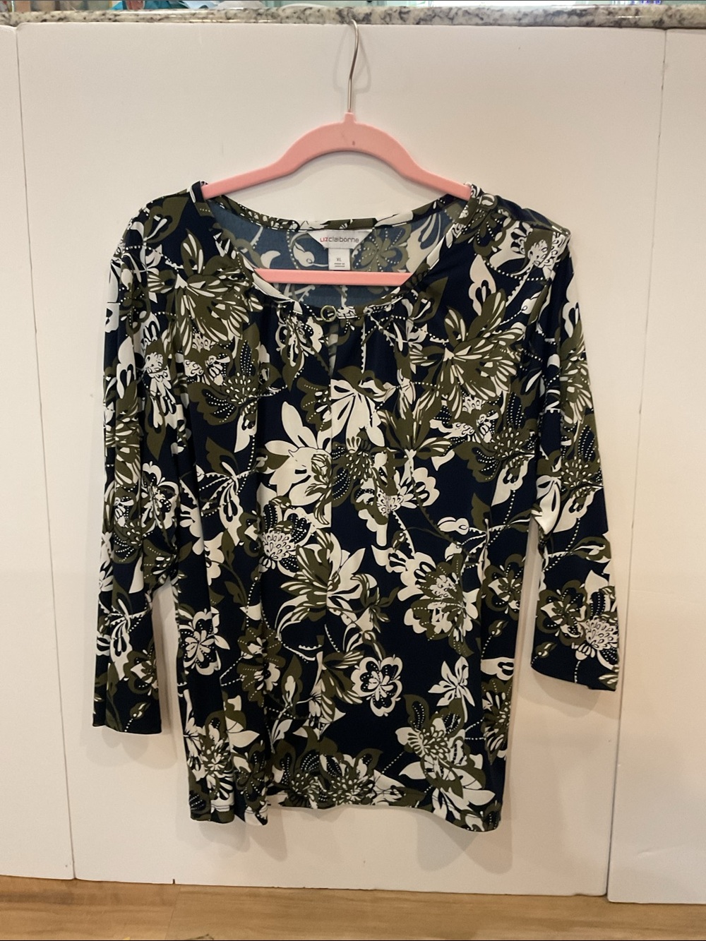 Liz Claiborne Navy, Olive & White Floral Blouse